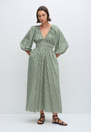 Shirred Plunge Button Dress - Vetiver - Matteau